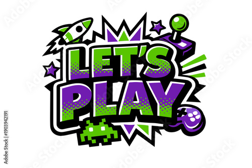 Retro gaming design with joystick and rocket featuring let's play text