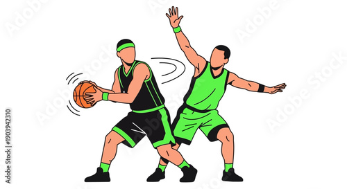 Illustration of two basketball players in a competitive match, one dribbling the ball while the other defends