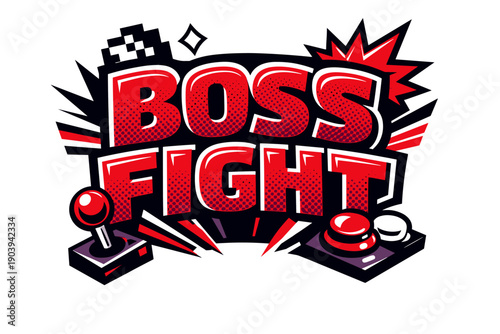 Retro video game boss fight graphic with joystick and buttons