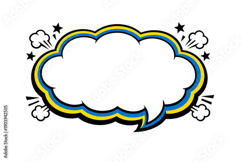 Colorful comic style speech bubble with star elements on white background