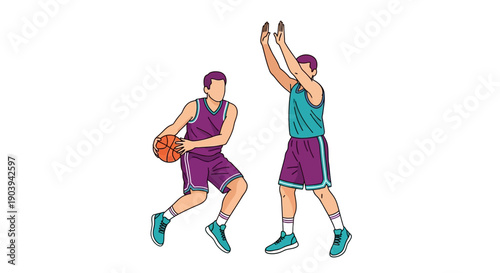 Two male athletes playing basketball, one dribbling the ball and the other defending, illustration on white background