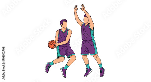 Dynamic illustration of two athletes playing basketball, showcasing a jump shot and defense with a basketball in motion