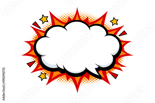 Comic style speech bubble with explosive starburst and halftone background