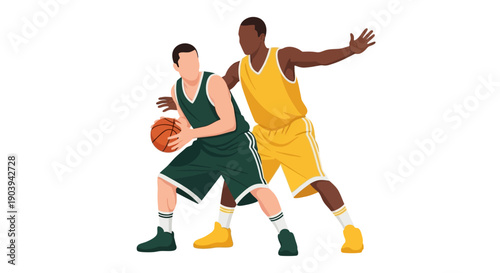 Two basketball players in action during a game, one dribbling the ball while the other defends