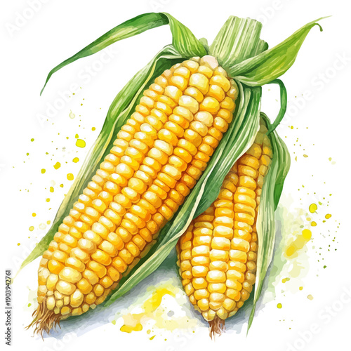 Sweet Corn High Quality, watercolor vector depicting playful antics, isolated on a white background.