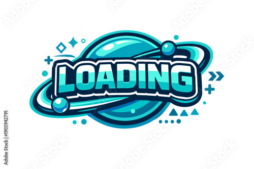 Stylized loading screen with blue planetary design and geometric accents