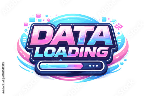 Colorful data loading graphic with progress bar and abstract design elements