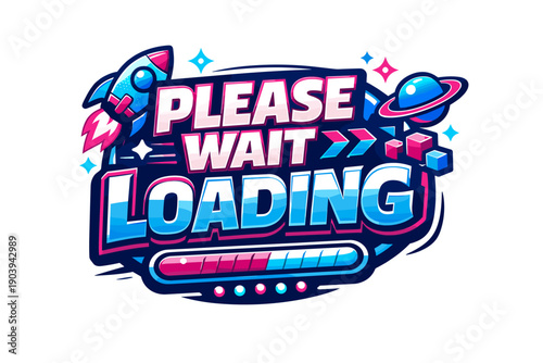 Colorful retro please wait loading screen with rocket and planet graphics
