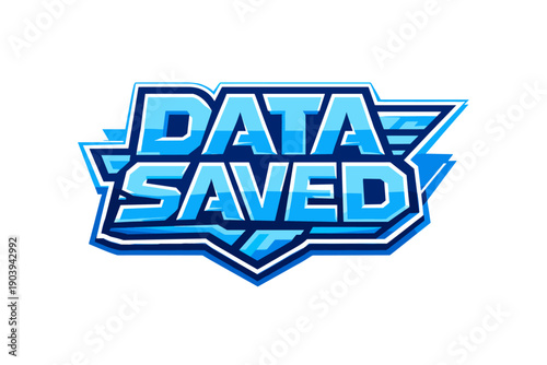 Data saved graphic icon with bold blue text and geometric design