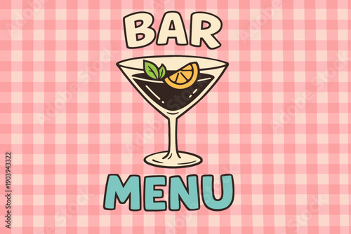 Bar menu design with cocktail illustration on checkered background