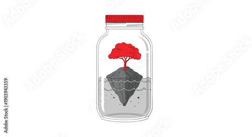 A small tree with red leaves grows on a floating rock inside a glass bottle, representing conservation, nature, and isolation.