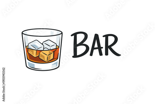 Whiskey glass with ice cubes and bar text on white background