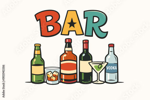 Colorful bar sign with bottles and glasses illustration
