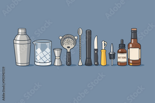 Bartending tools and ingredients on gray background