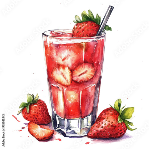 Strawberry Juice, watercolor illustration featuring soft shadows and luminous, isolated on a white background.