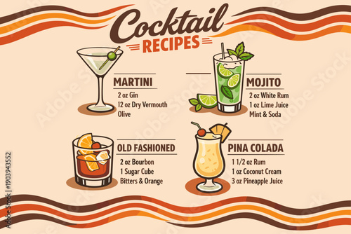 Colorful cocktail recipes: martini, mojito, old fashioned, piña colada illustrations
