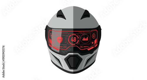 A futuristic motorcycle helmet with a digital display on the visor signifies advanced technology, safety, and rider information.