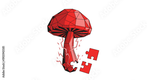 A polygonal red mushroom with lightning bolts and broken puzzle pieces suggests a dangerous idea, a broken concept, or unstable growth.