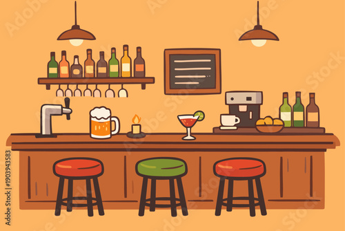 Cozy bar interior with stools, drinks, and warm lighting