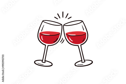 Two wine glasses clinking celebration icon with red wine on white background