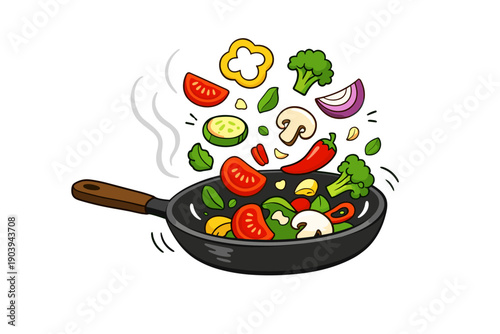 Cartoon vegetables tossed in frying pan for healthy cooking illustration