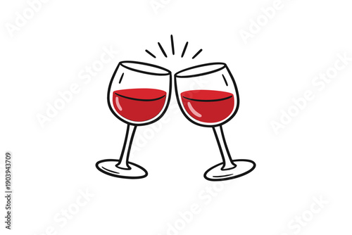 Two red wine glasses clinking celebration cheers icon illustration