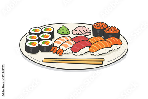 Assorted sushi platter with nigiri, maki rolls, chopsticks, wasabi, and ginger