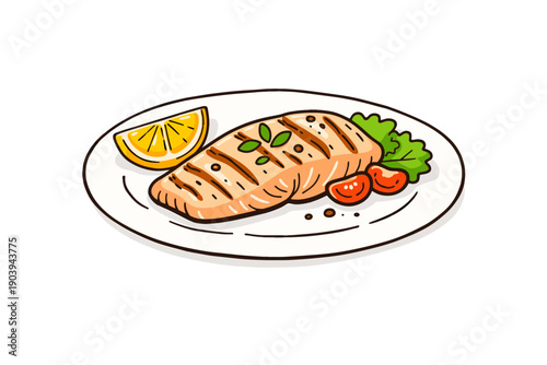 Grilled salmon fillet with lemon and vegetables on white plate