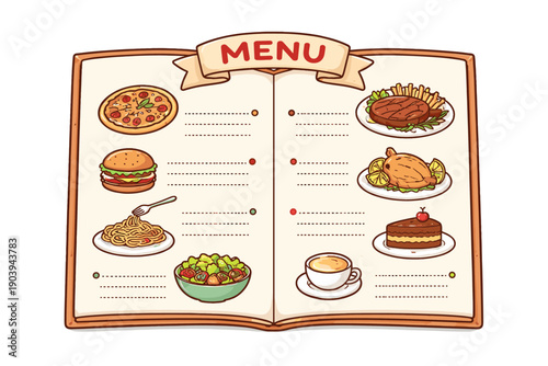 Illustrated restaurant menu with various food and drink options