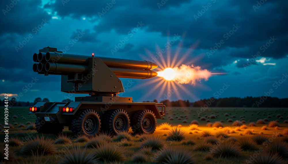 Fototapeta premium Military rocket launcher firing against dramatic evening sky 