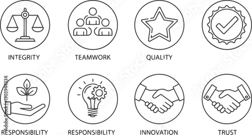 Core values icon set for business ethics, mission, vision. Company principles collection with icons for integrity, teamwork, quality, responsibility, innovation, and trust. Vector line symbols vector 