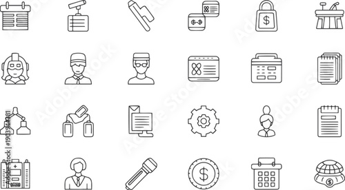 Core values icon set for business ethics, mission, vision. Company principles collection with icons for integrity, teamwork, quality, responsibility, innovation, and trust. Vector line symbols vector 