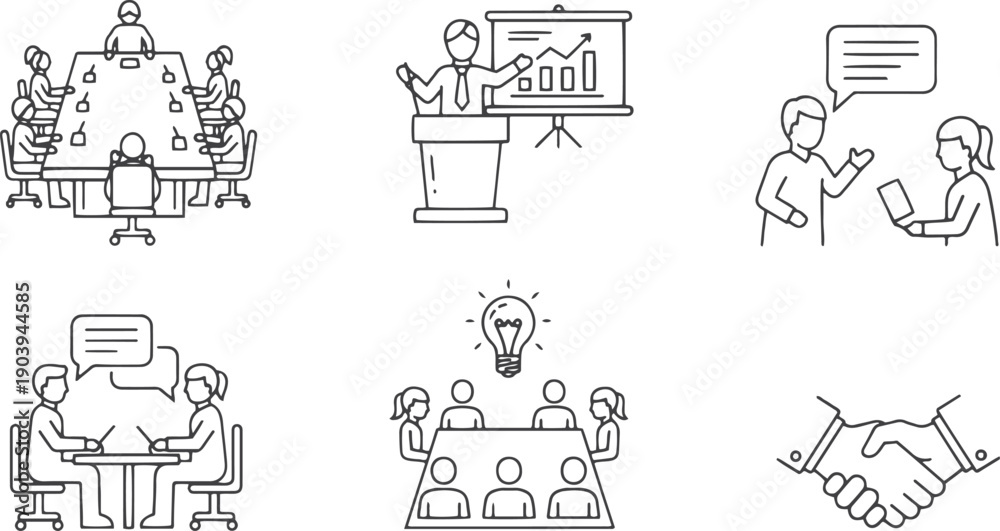 Fototapeta premium Business Meeting, Teamwork & Presentation Line Icons Set