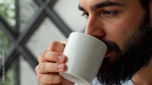 Man drinking from a white mug