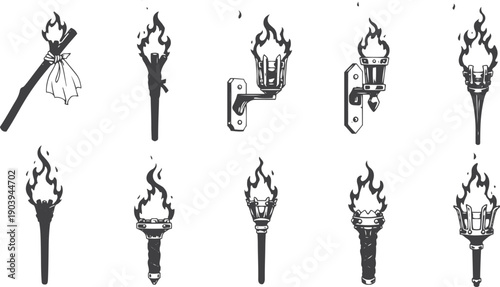 Torch Fire & Flame Silhouette Icons Set