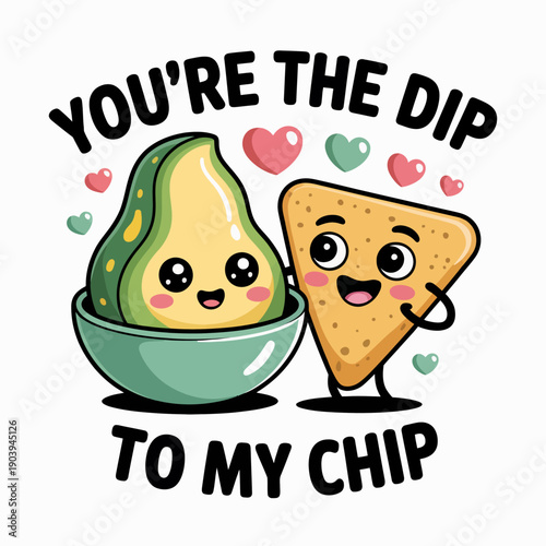 An adorable anthropomorphic avocado and tortilla chip are depicted with happy faces, surrounded by colorful hearts.