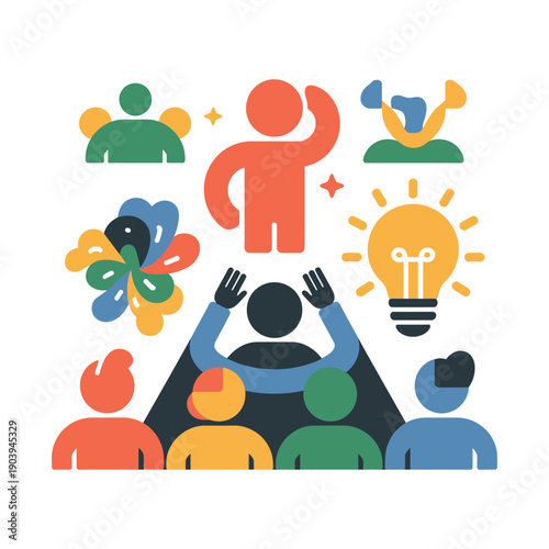 A group of people celebrating a successful idea with a lightbulb moment