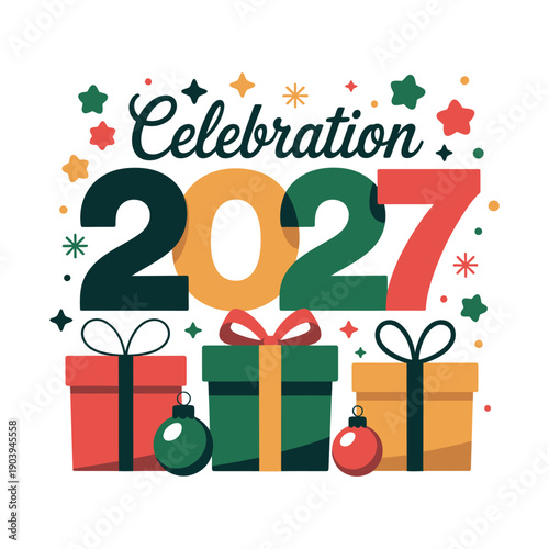 A colorful illustration celebrating the year 2027 with gifts and ornaments