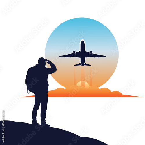 Silhouette of a traveler with a backpack looking at a plane taking off at sunset