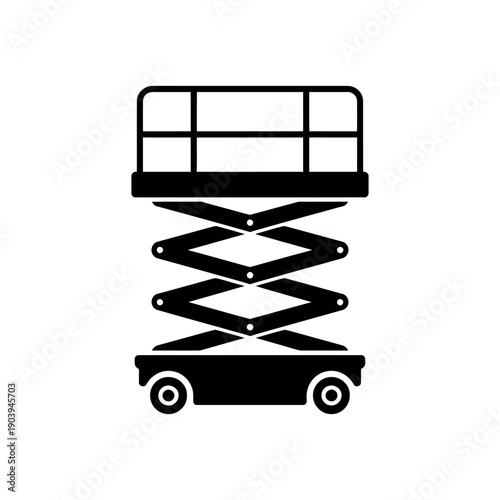 A black and white illustration of a scissor lift on a plain background