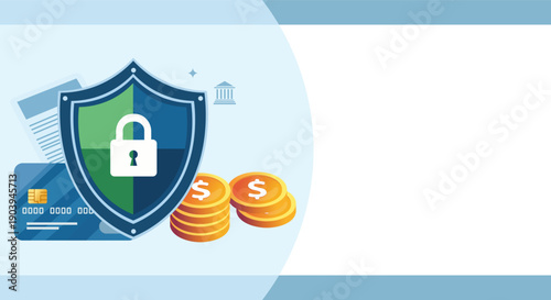 Secure financial transactions with a shield, credit card, and coins, representing safety