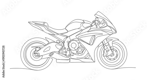 Detailed line art drawing of a modern sport motorcycle in profile view, showcasing its sleek design and powerful form.