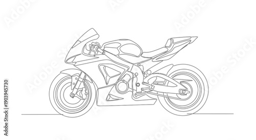 Detailed continuous line drawing of a modern sport motorcycle from a side view on a white background, showcasing its sleek design.