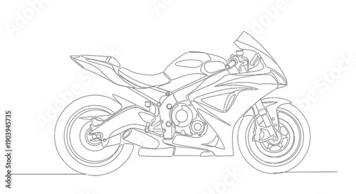 Continuous line drawing of a modern sport motorcycle in profile view, showcasing its sleek design and powerful stance.