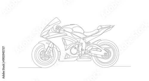 Continuous line drawing of a modern sport motorcycle in profile view.