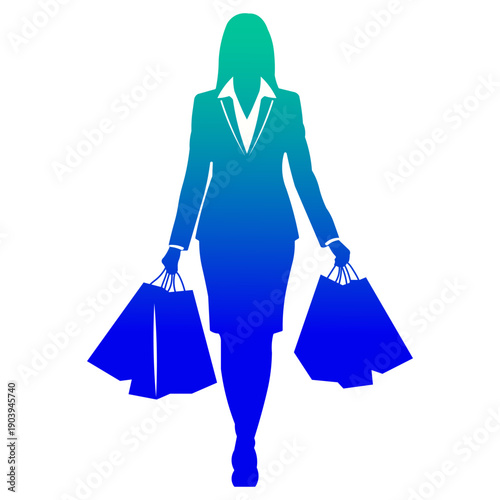 Silhouette of a businesswoman carrying shopping bags with a blue and green gradient