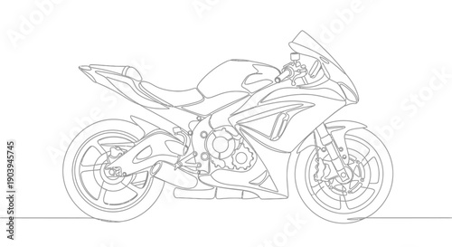 Detailed line art drawing of a modern sport motorcycle, side view.