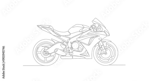 Detailed line art illustration of a modern sport motorcycle in profile view.