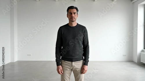 Confident man standing in empty room with minimalistic decor. Man exudes confidence while wearing casual attire in bright, open space. Concept of modern lifestyle for personal branding videos.