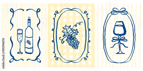 Set for menu, greeting cards, party decor. Elegant hand-drawn ribbon and bow frames with grape, glass, wine bottle in vintage coquette style on yellow striped and checkered background. Vector designs.